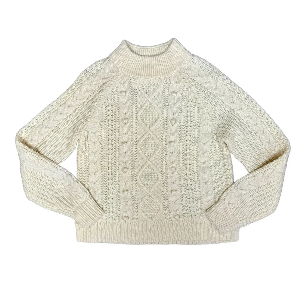 NEW J. Crew Pom-Pom Cable-Knit Pullover Crew Neck Sweater Natural Cream Small